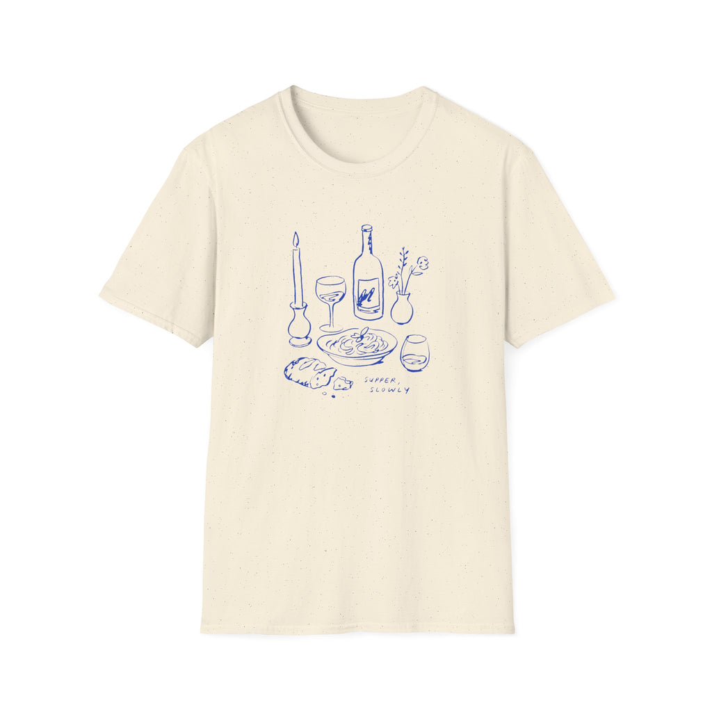 Supper Slowly graphic T-shirt in light-blue by Butter & Tonic