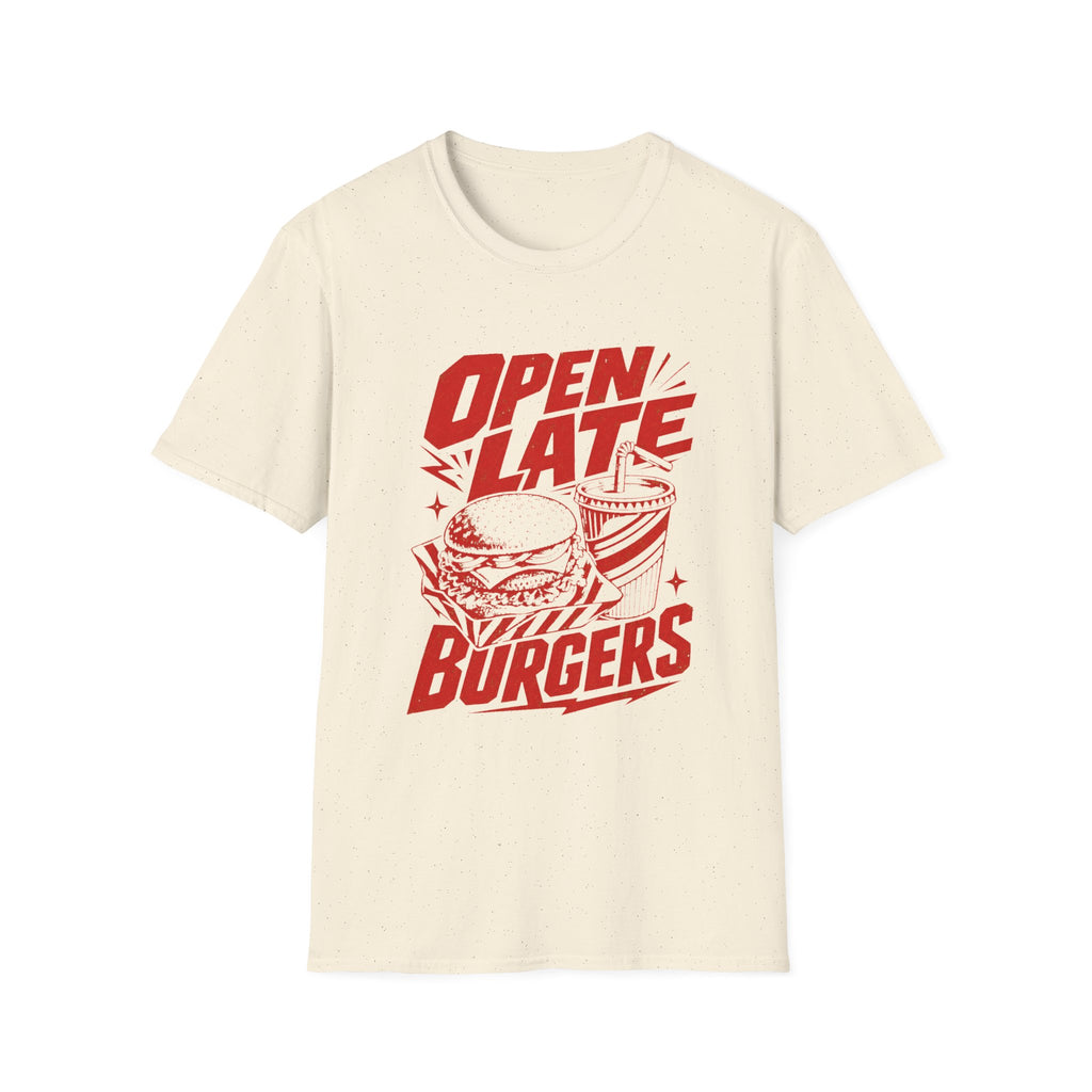 Open Late Burgers graphic T-shirt in sport-grey by Butter & Tonic