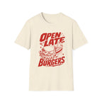 Open Late Burgers graphic T-shirt in sport-grey by Butter & Tonic