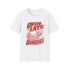 Open Late Burgers graphic T-shirt in light-blue by Butter & Tonic