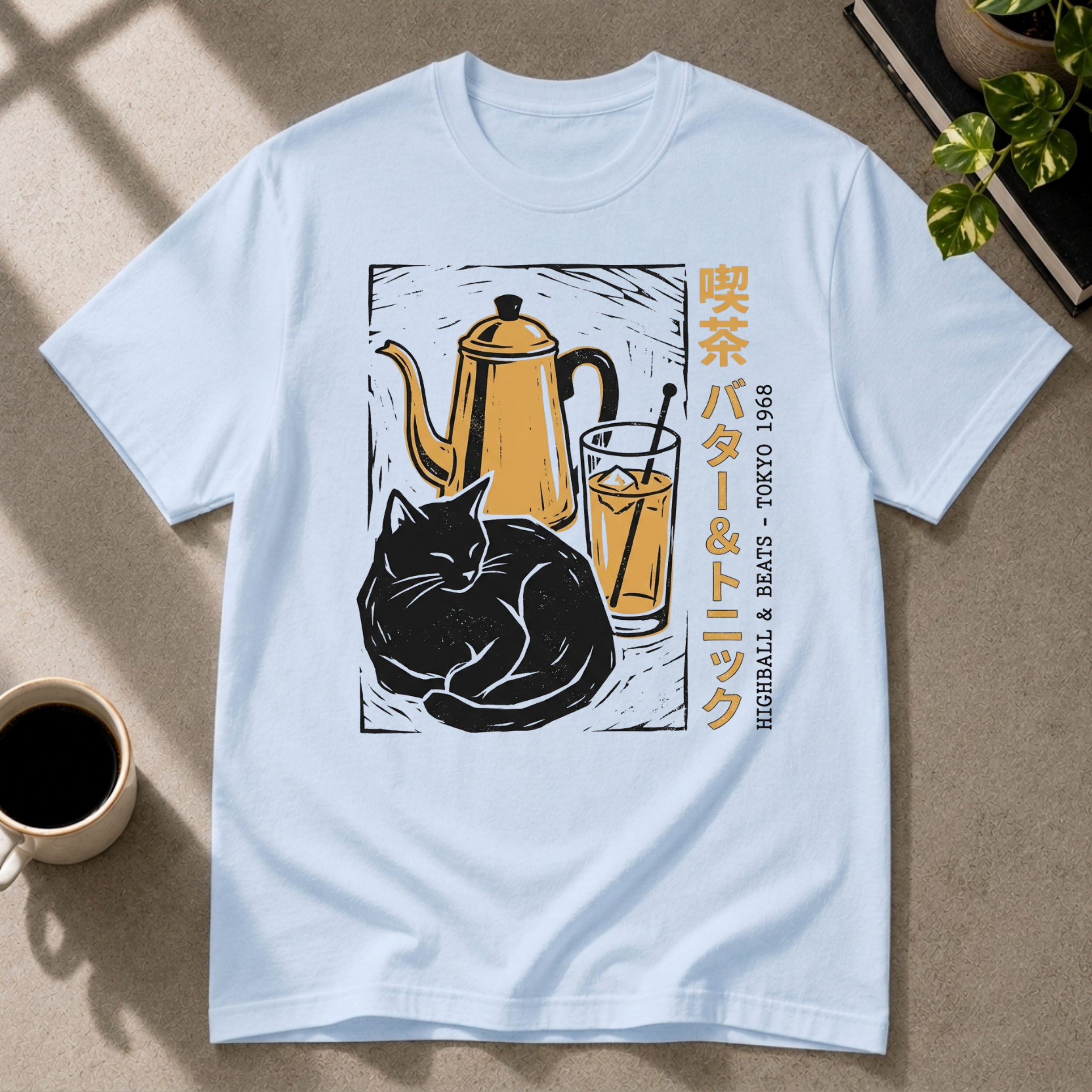Highballs & Beats cocktail graphic T-shirt on light blue tee by Butter & Tonic