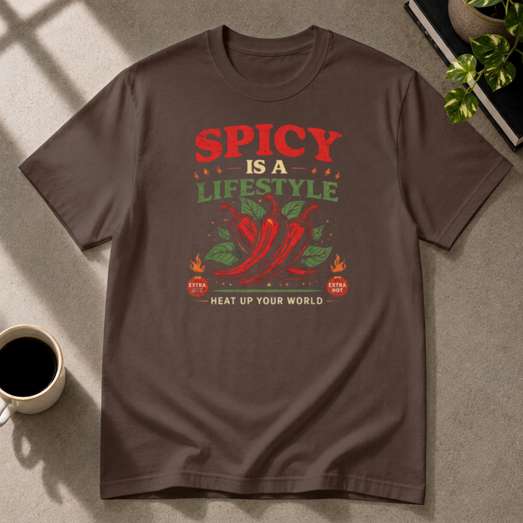 Spicy food graphic T-shirt in dark-chocolate by Butter & Tonic on m tee by Butter & Tonic