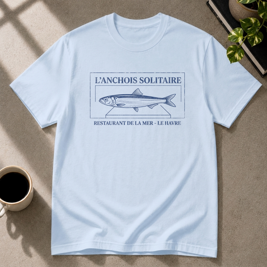 Anchovy graphic T-shirt on light blue tee by Butter & Tonic