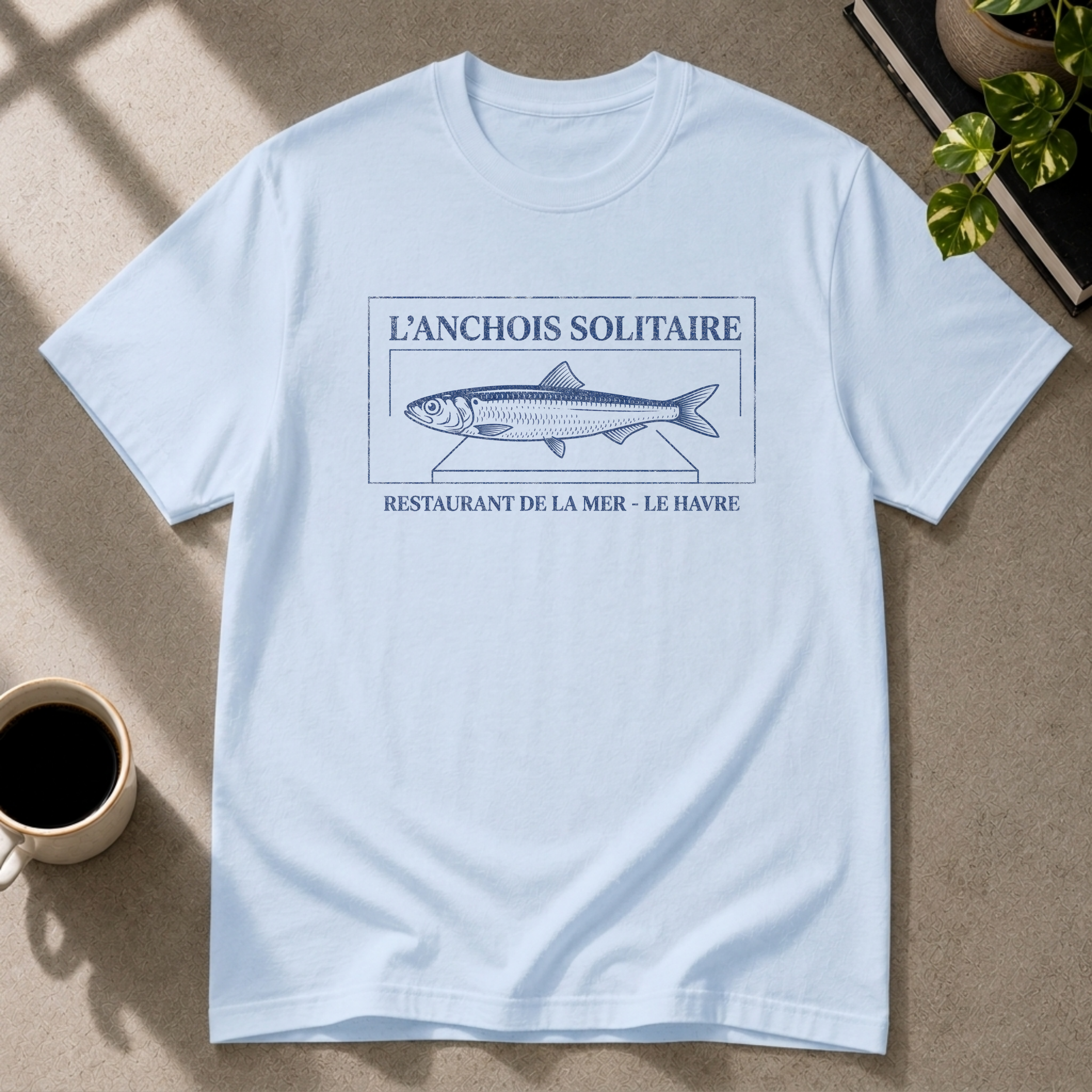 Anchovy graphic T-shirt on light blue tee by Butter & Tonic