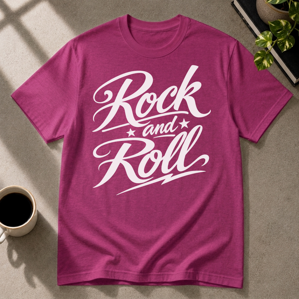 Rock and Roll graphic T-shirt on antique heliconia tee by Butter & Tonic