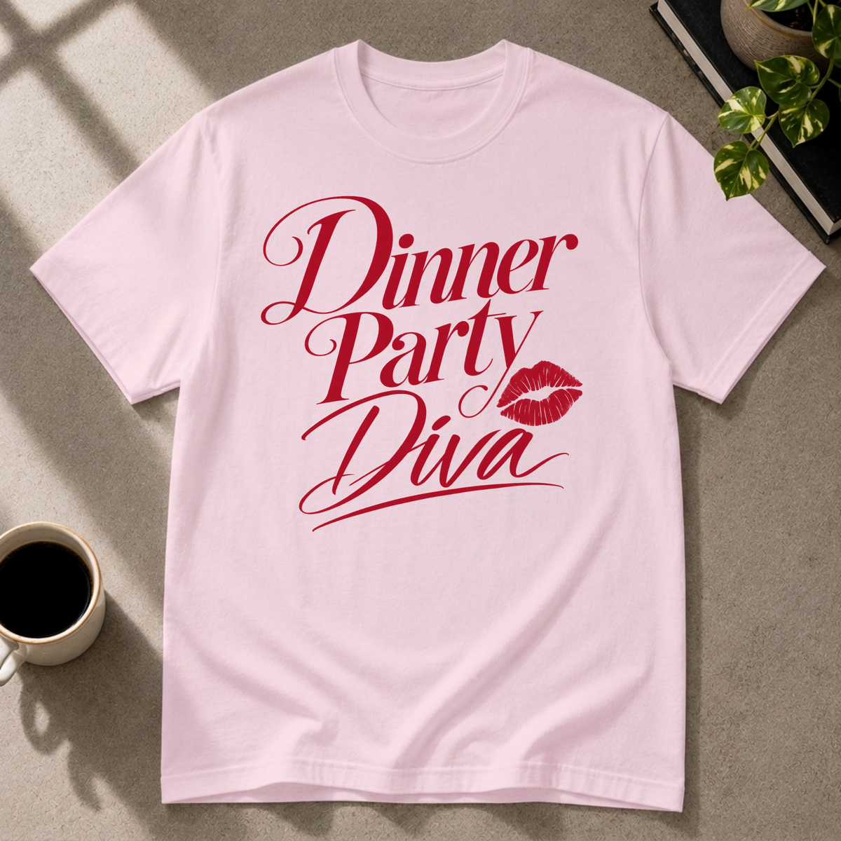 Dinner Party Diva graphic T-shirt on light pink tee by Butter & Tonic