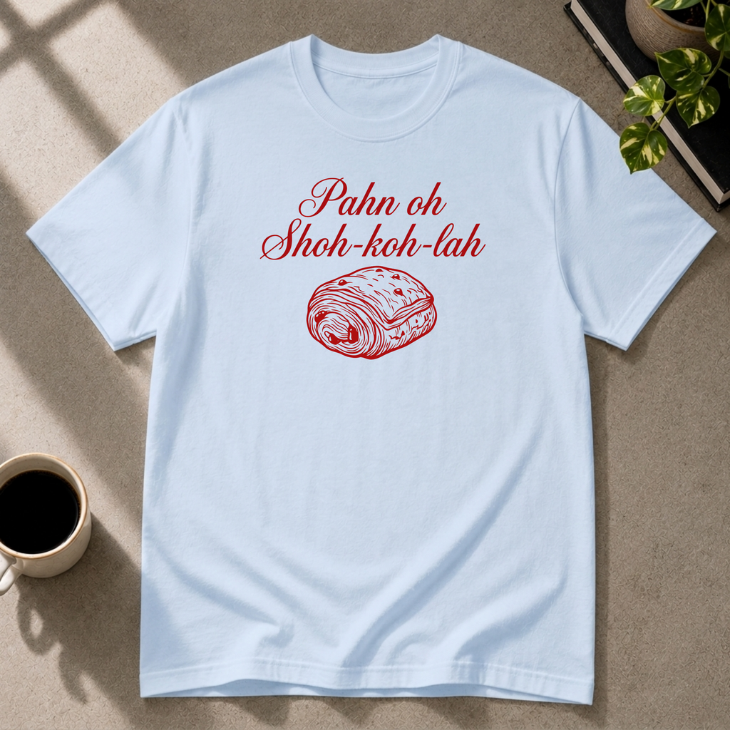 Chocolate Croissant graphic T-shirt on light blue tee by Butter & Tonic