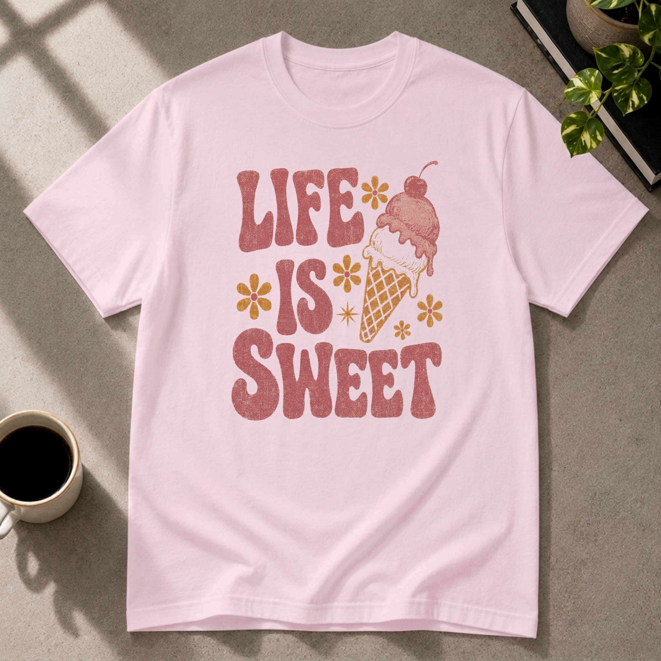 Ice cream graphic T-shirt on light pink tee by Butter & Tonic