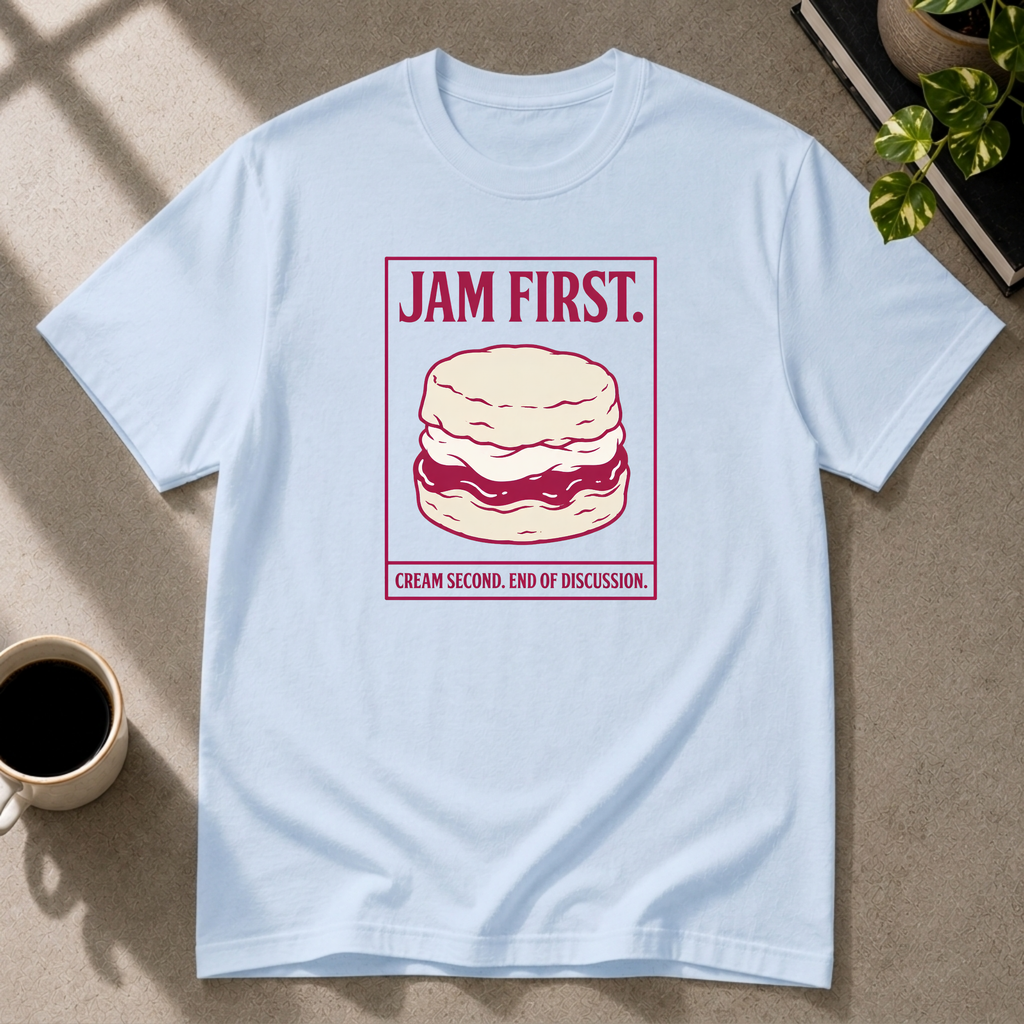 Jam First scone graphic T-shirt on light blue tee by Butter & Tonic