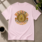 Avocado guacamole graphic T-shirt by Butter & Tonic on light pink tee by Butter & Tonic