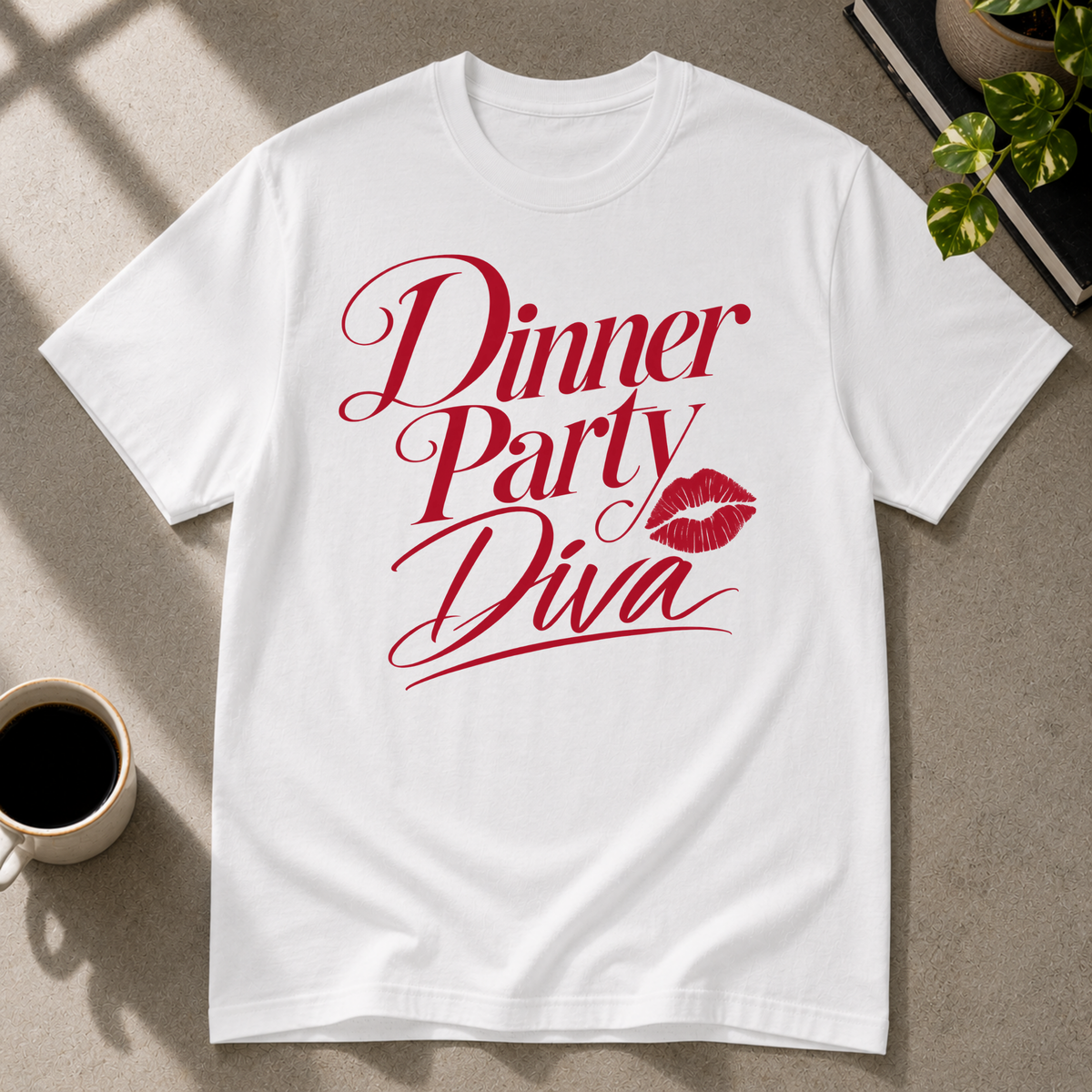 Dinner Party Diva graphic T-shirt on white tee by Butter & Tonic