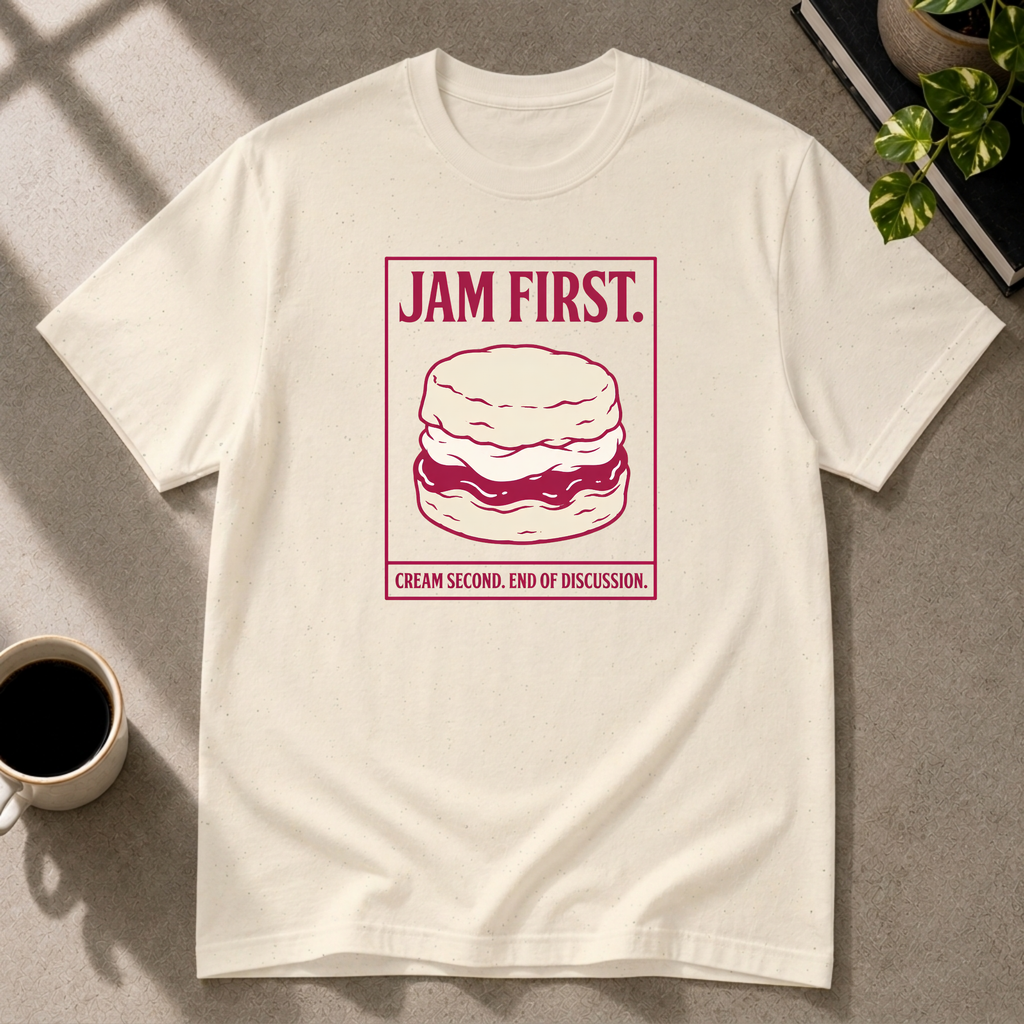 Jam First scone graphic T-shirt on natural tee by Butter & Tonic
