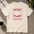 Jam First scone graphic T-shirt on natural tee by Butter & Tonic