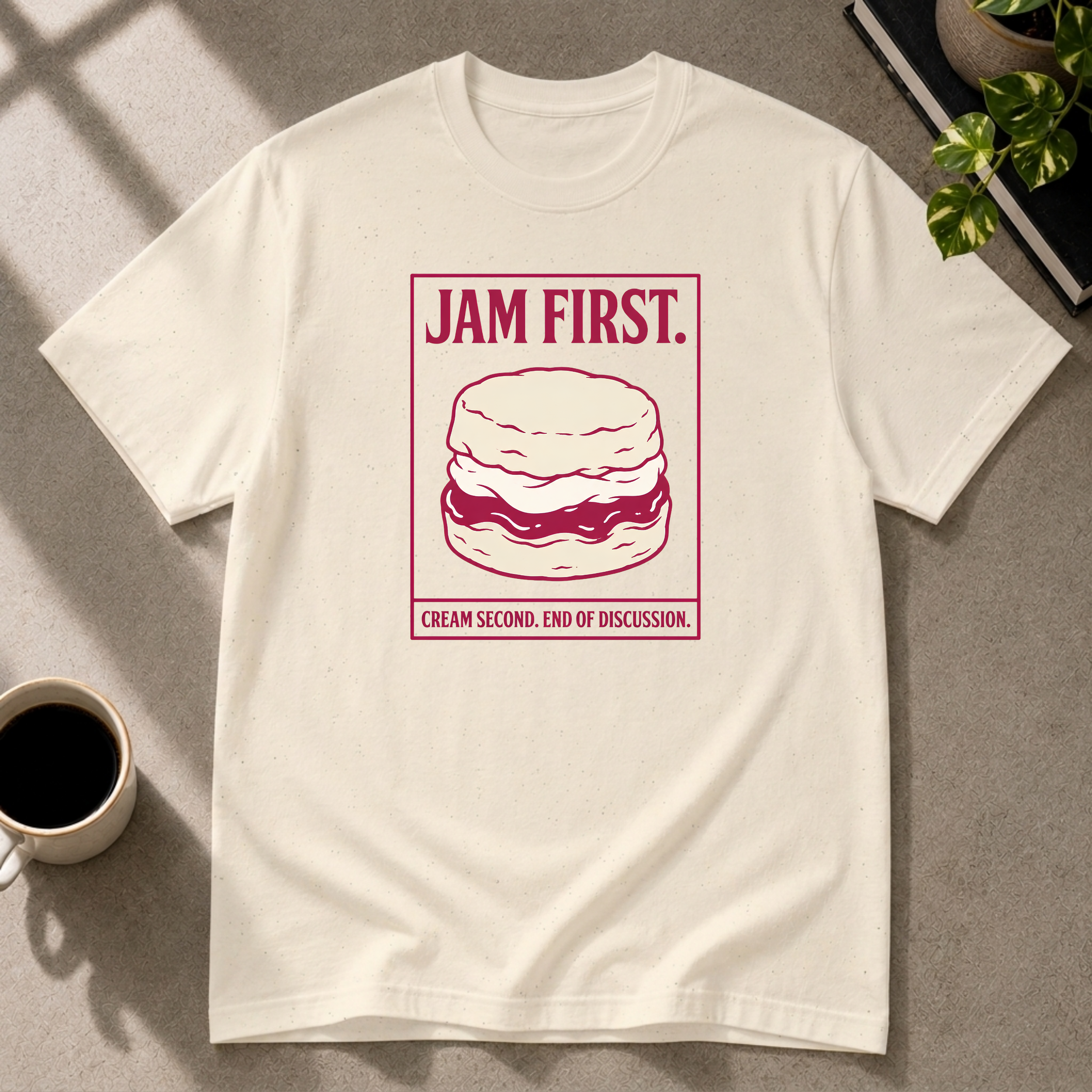Jam First scone graphic T-shirt on natural tee by Butter & Tonic
