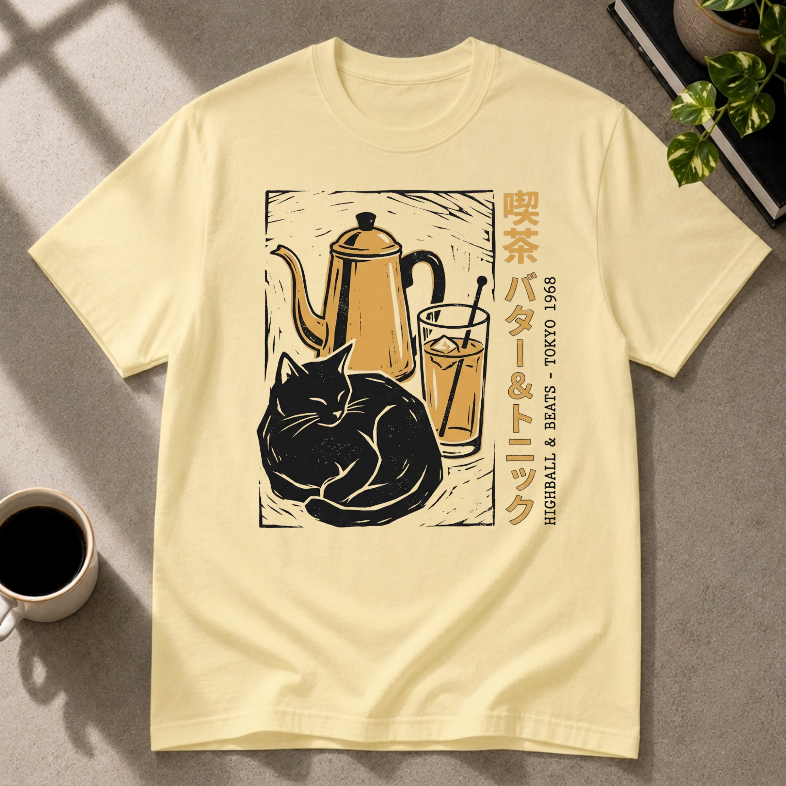 Highballs & Beats cocktail graphic T-shirt on cornsilk tee by Butter & Tonic