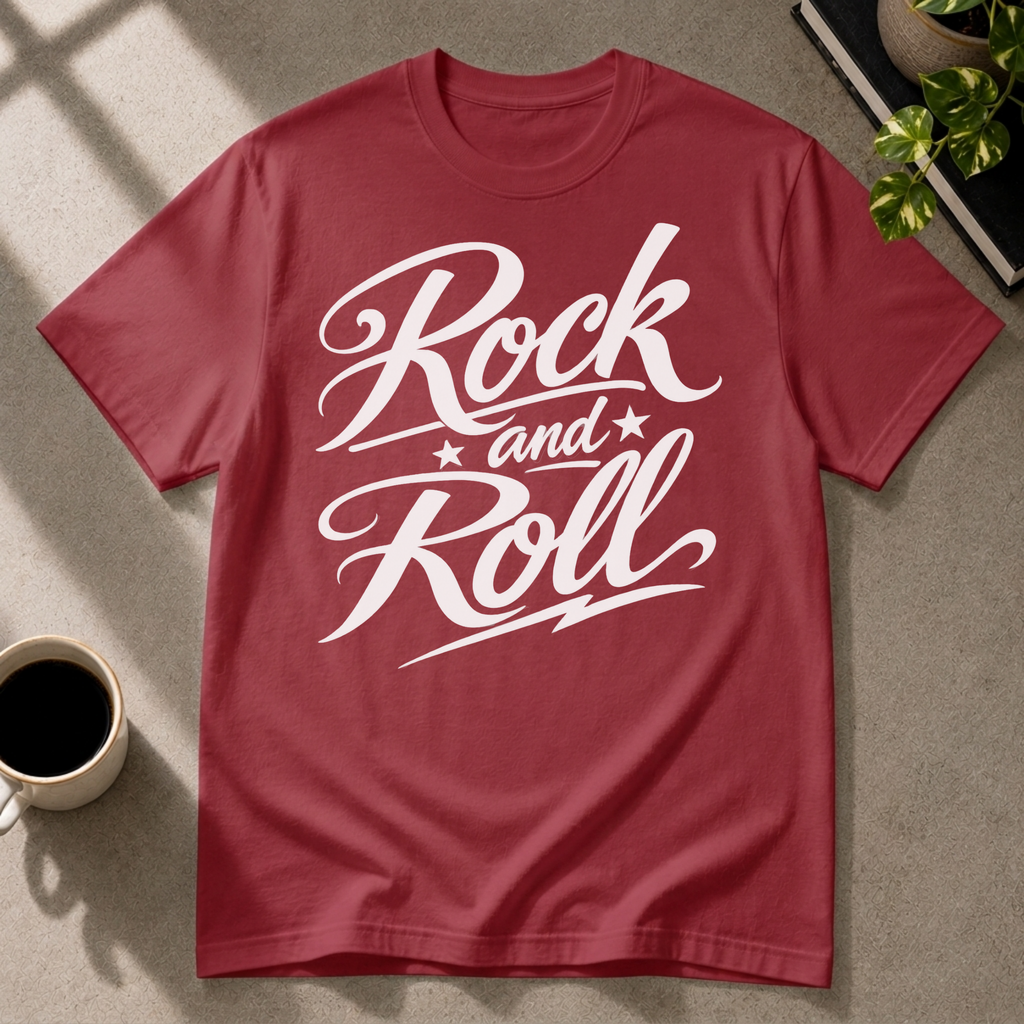 Rock and Roll graphic T-shirt on antique cherry red tee by Butter & Tonic