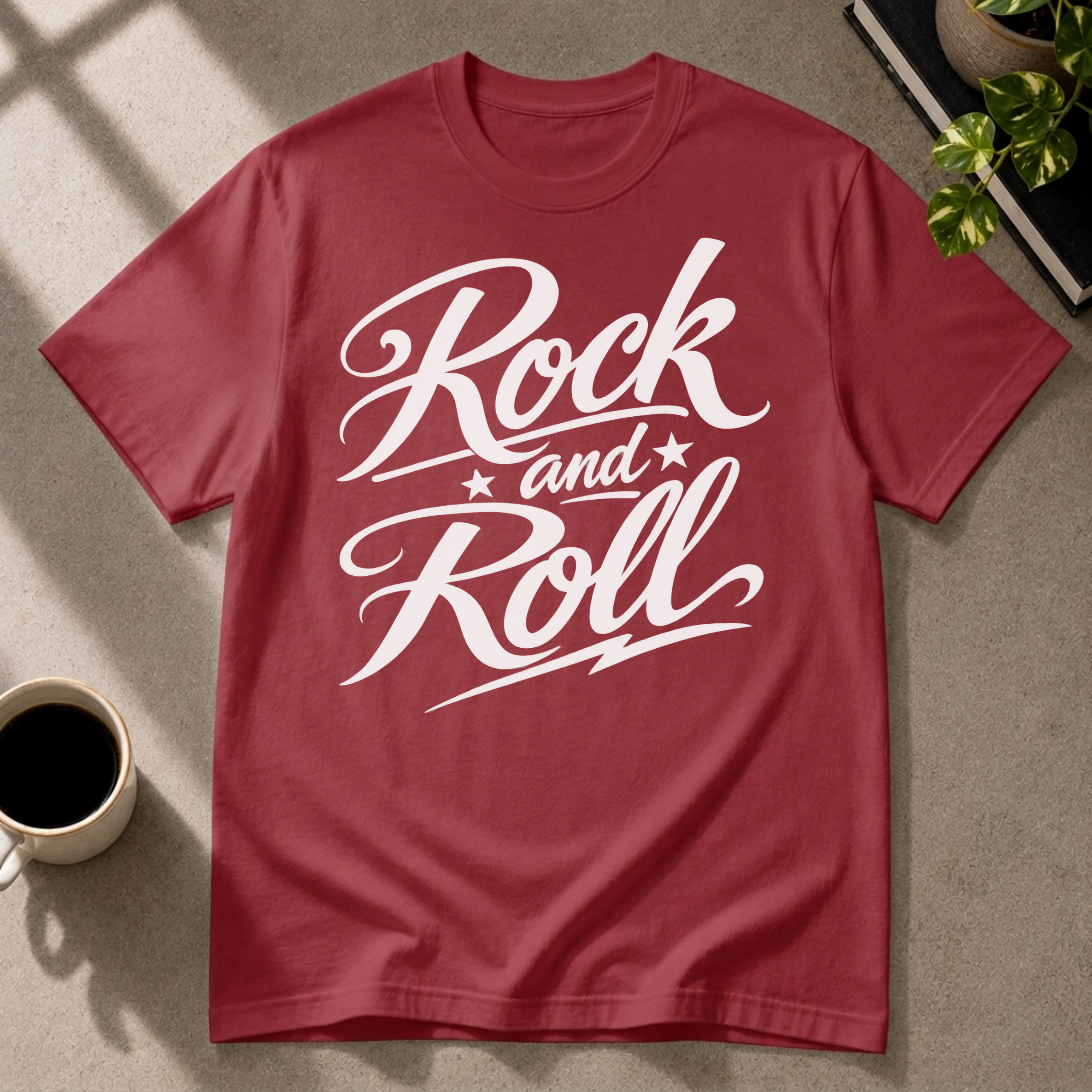 Rock and Roll graphic T-shirt on antique cherry red tee by Butter & Tonic