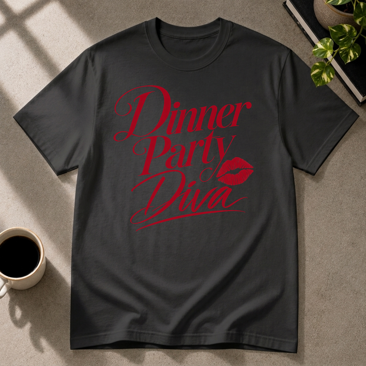 Dinner Party Diva graphic T-shirt on black tee by Butter & Tonic