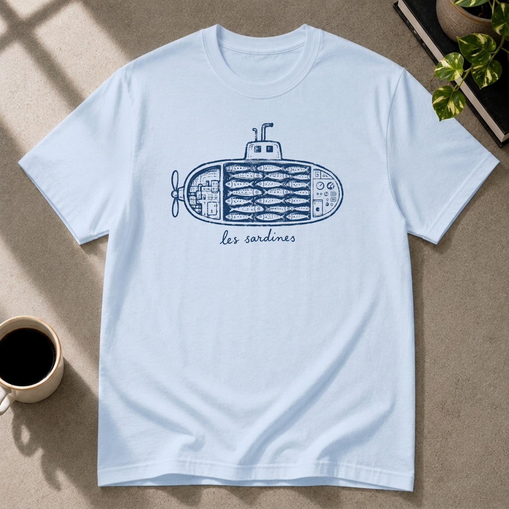 Sardine graphic T-shirt on light blue tee by Butter & Tonic
