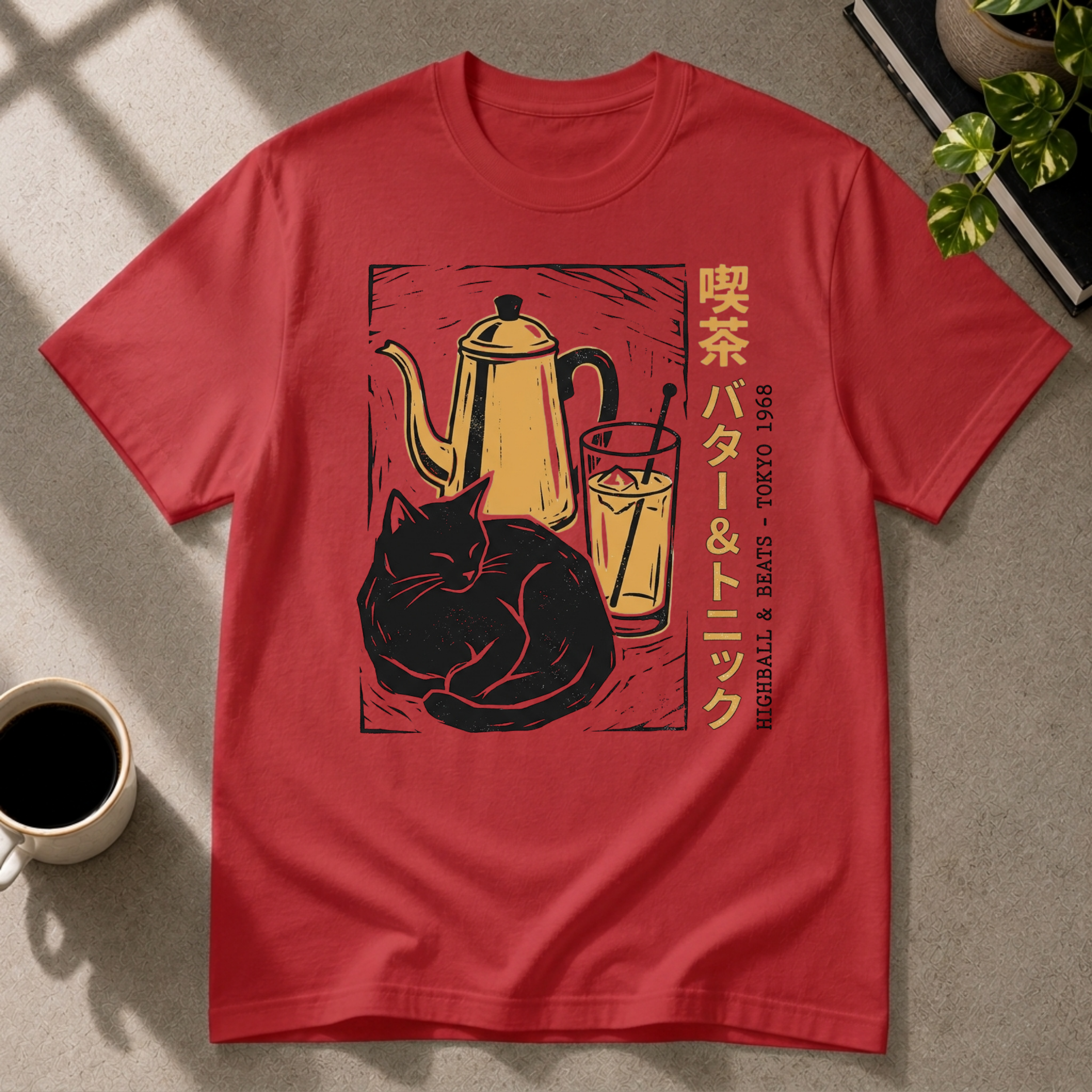 Highballs & Beats cocktail graphic T-shirt on red tee by Butter & Tonic