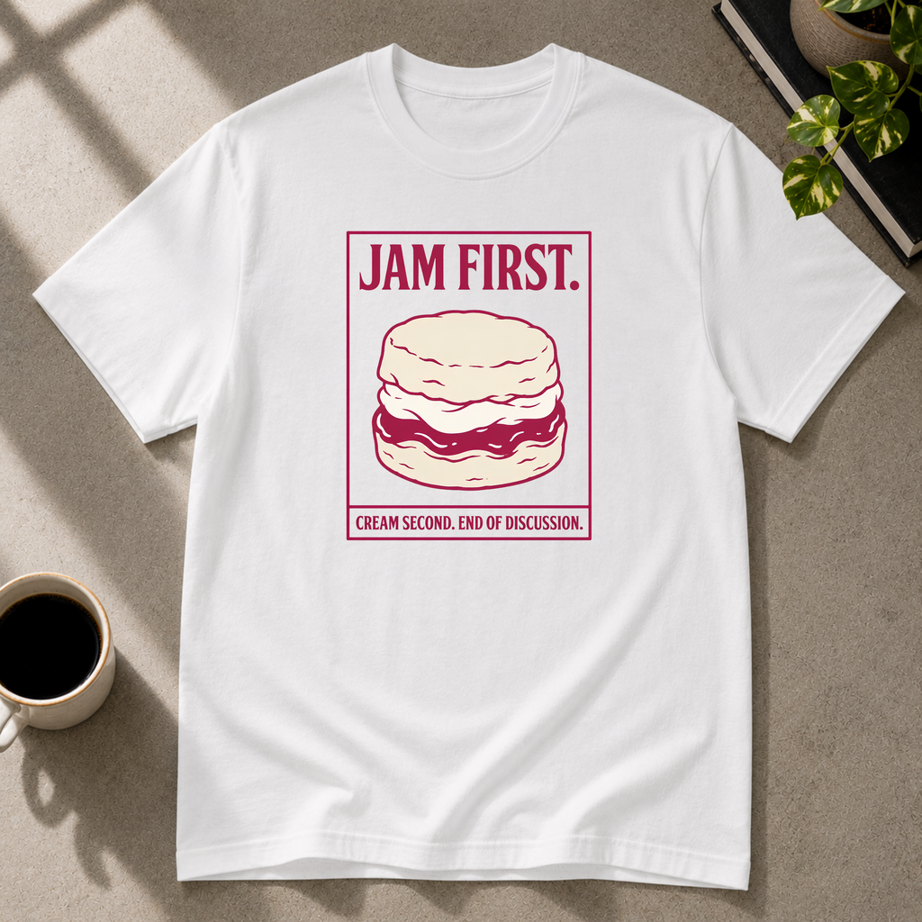 Jam First scone graphic T-shirt on white tee by Butter & Tonic