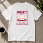 Jam First scone graphic T-shirt on white tee by Butter & Tonic