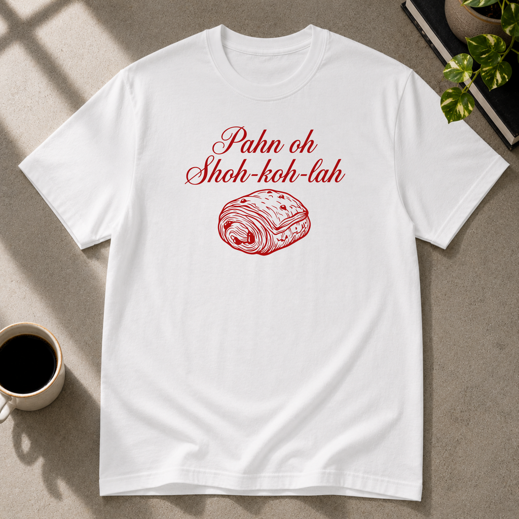 Chocolate Croissant graphic T-shirt on white tee by Butter & Tonic