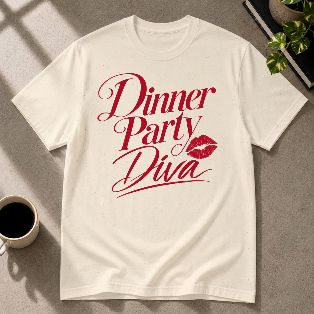 Dinner Party Diva graphic T-shirt on natural tee by Butter & Tonic