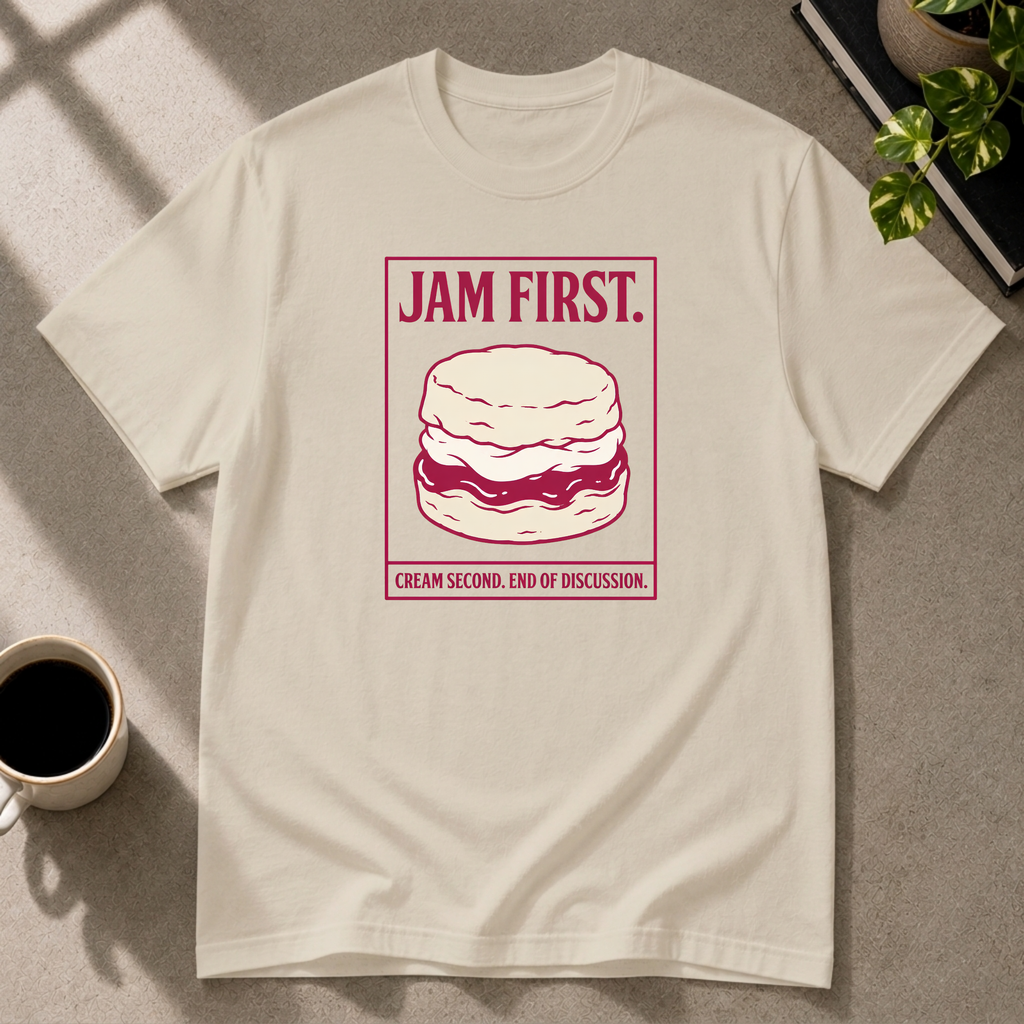 Jam First scone graphic T-shirt on sand tee by Butter & Tonic