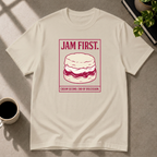 Jam First scone graphic T-shirt on sand tee by Butter & Tonic