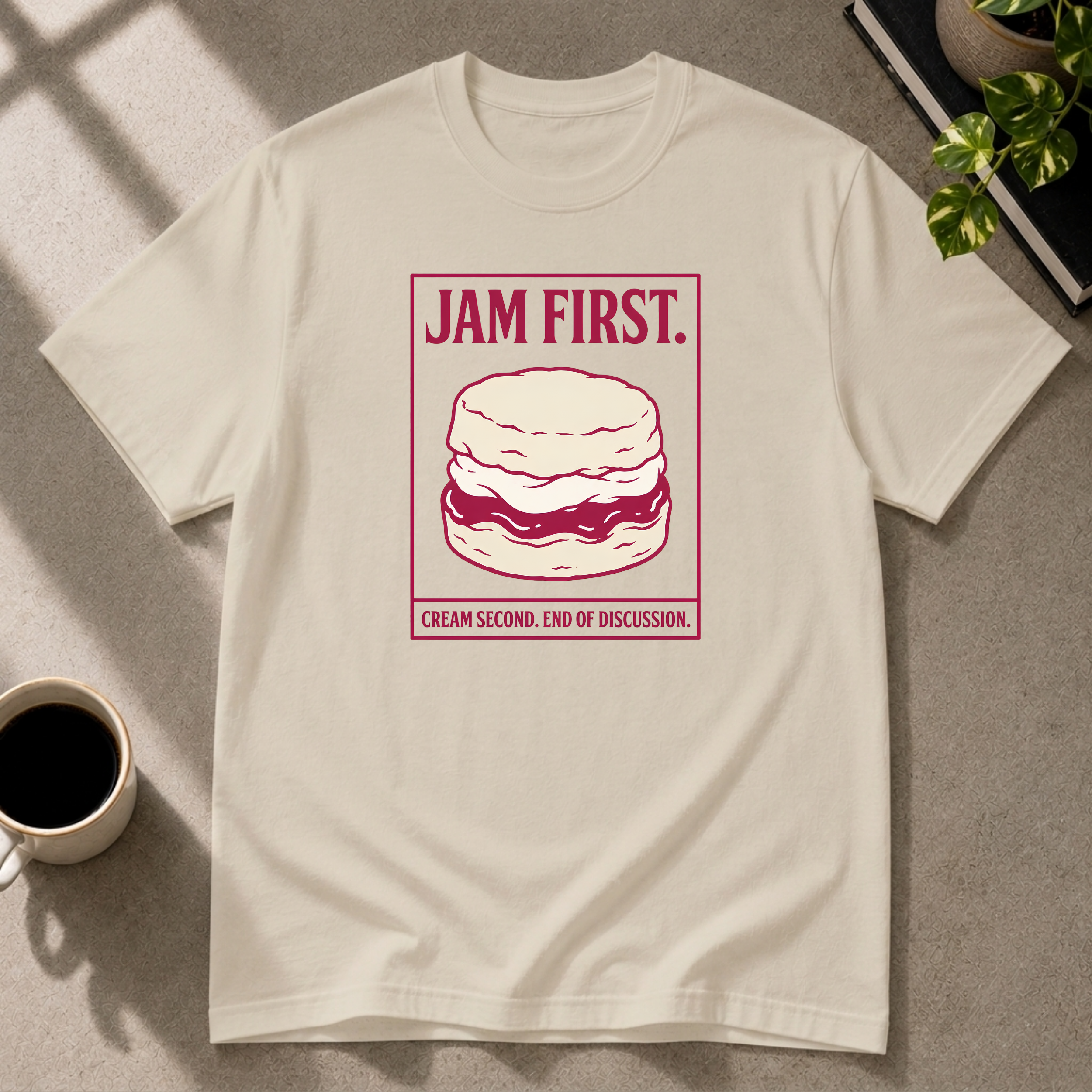 Jam First scone graphic T-shirt on sand tee by Butter & Tonic