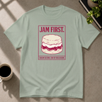 Jam First scone graphic T-shirt on sage tee by Butter & Tonic