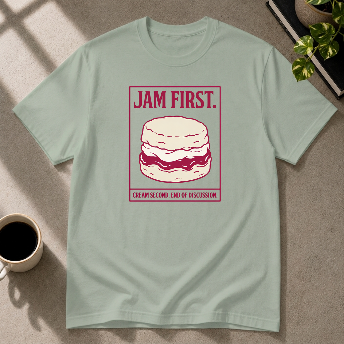 Jam First scone graphic T-shirt on sage tee by Butter & Tonic