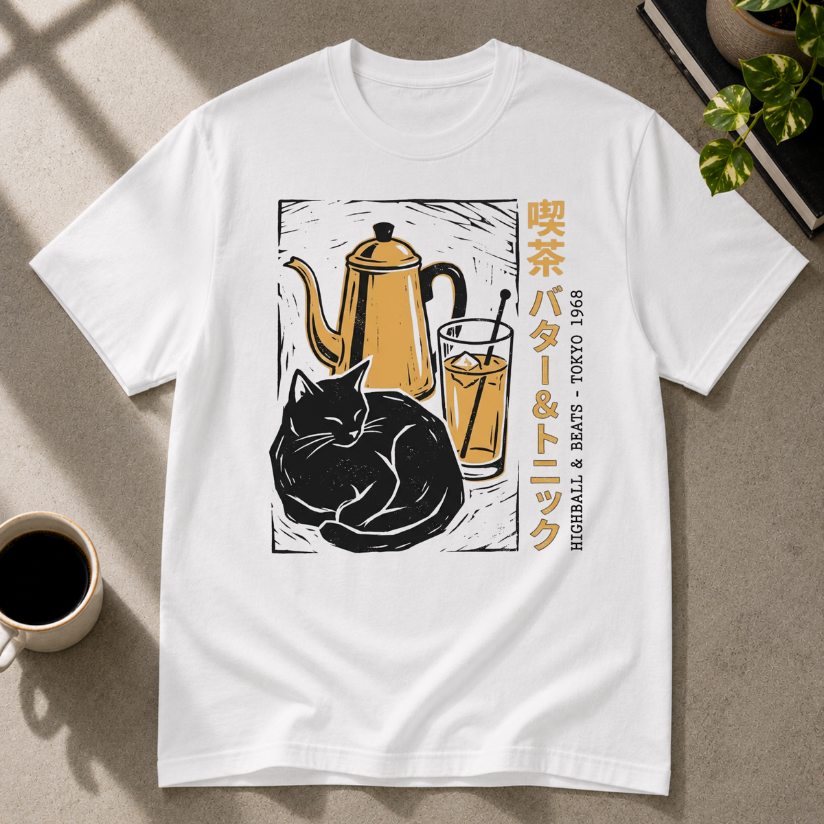 Highballs & Beats cocktail graphic T-shirt on white tee by Butter & Tonic