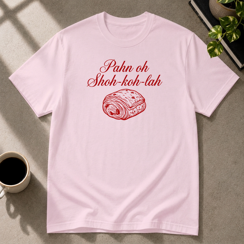 Chocolate Croissant graphic T-shirt on light pink tee by Butter & Tonic