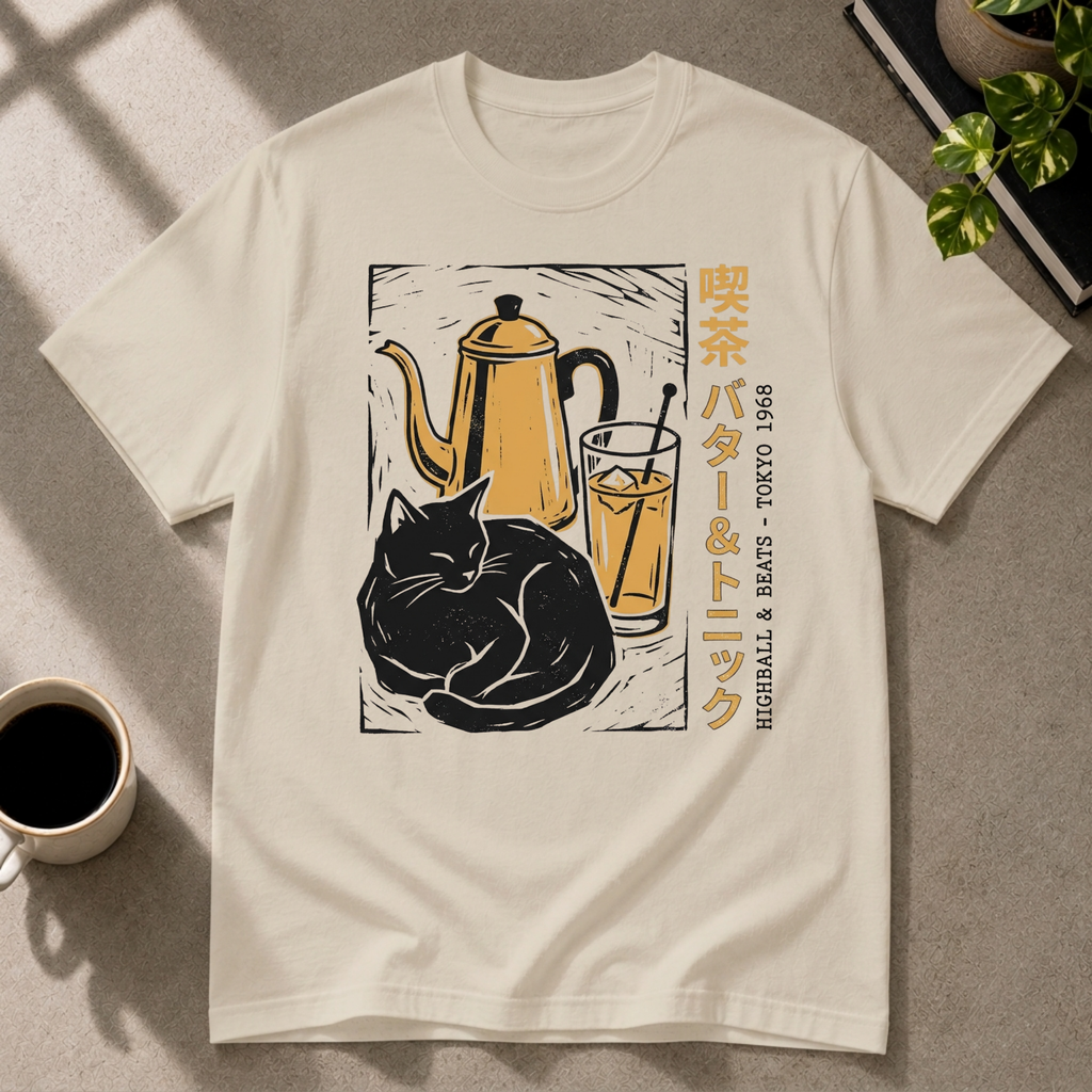 Highballs & Beats cocktail graphic T-shirt on sand tee by Butter & Tonic