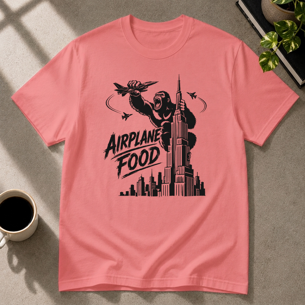 Airplane food graphic T-shirt in coral-silk by Butter & Tonic on 3xl tee by Butter & Tonic
