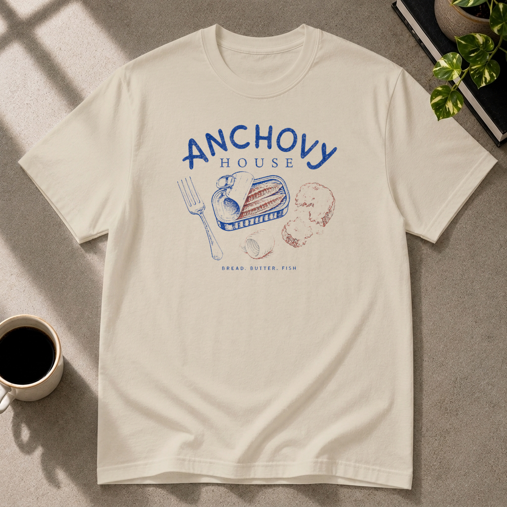 Anchovy graphic T-shirt in sand by Butter & Tonic on 2xl tee by Butter & Tonic