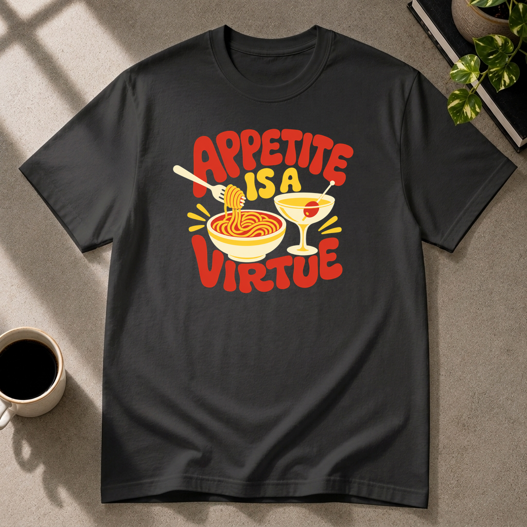 Appetite Is a Virtue graphic T-shirt in black by Butter & Tonic on l tee by Butter & Tonic