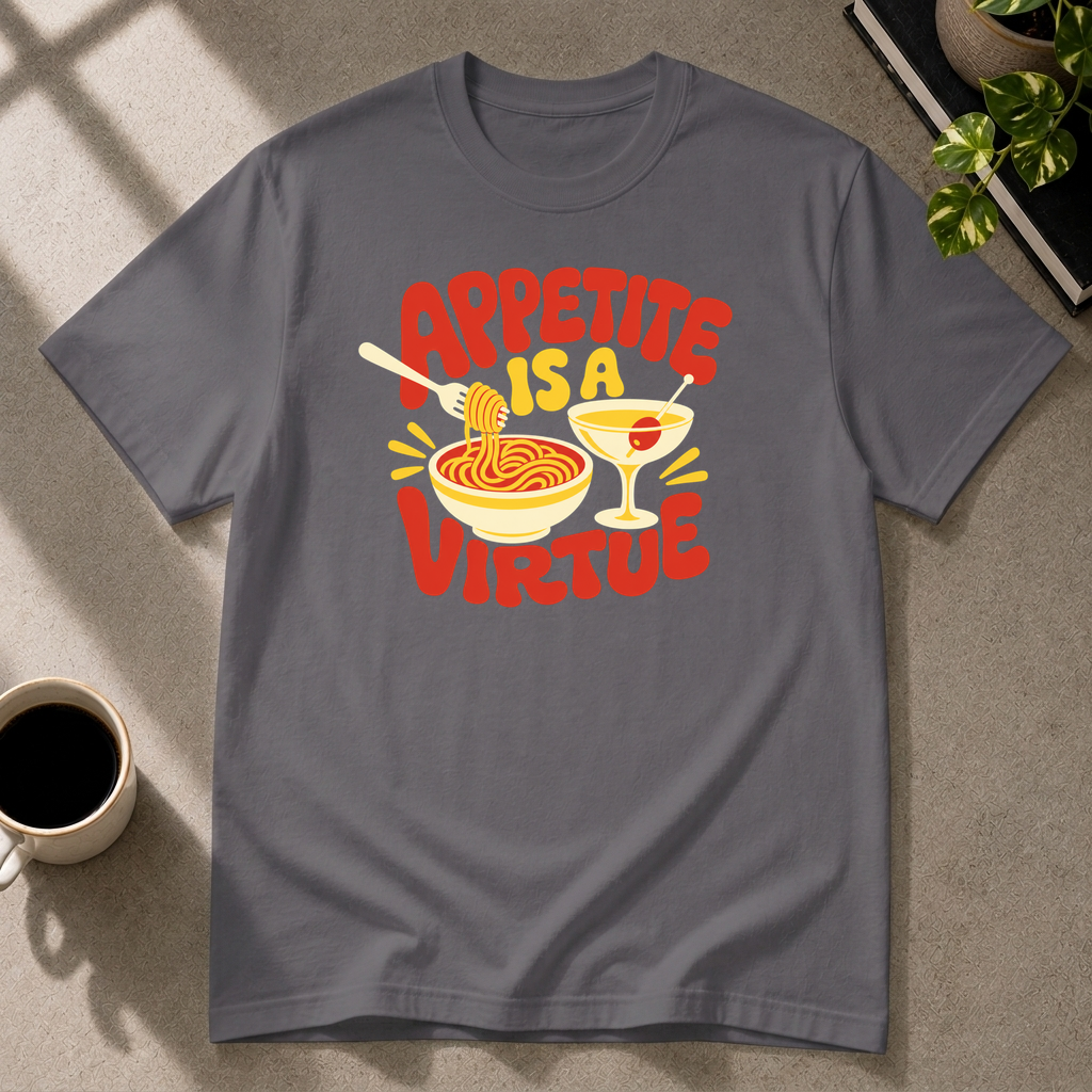 Appetite Is a Virtue graphic T-shirt in charcoal by Butter & Tonic on 2xl tee by Butter & Tonic