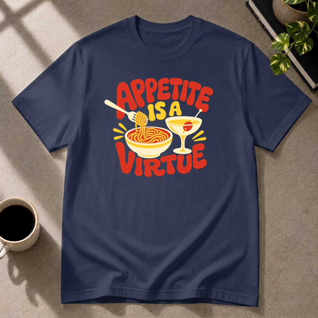 Appetite Is a Virtue graphic T-shirt in navy by Butter & Tonic on s tee by Butter & Tonic