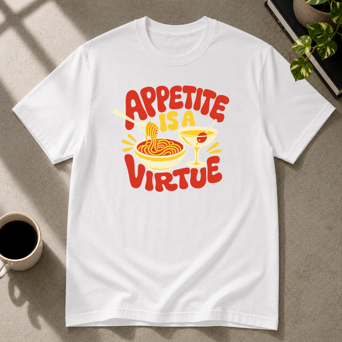 Appetite Is a Virtue graphic T-shirt in white by Butter & Tonic on xl tee by Butter & Tonic