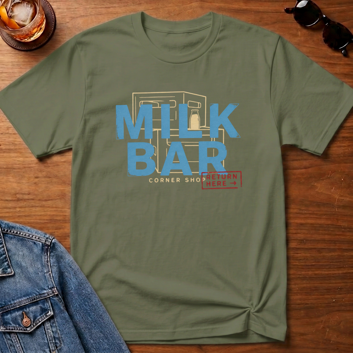 Milk Bar T-Shirt — Military Green B&T flat lay