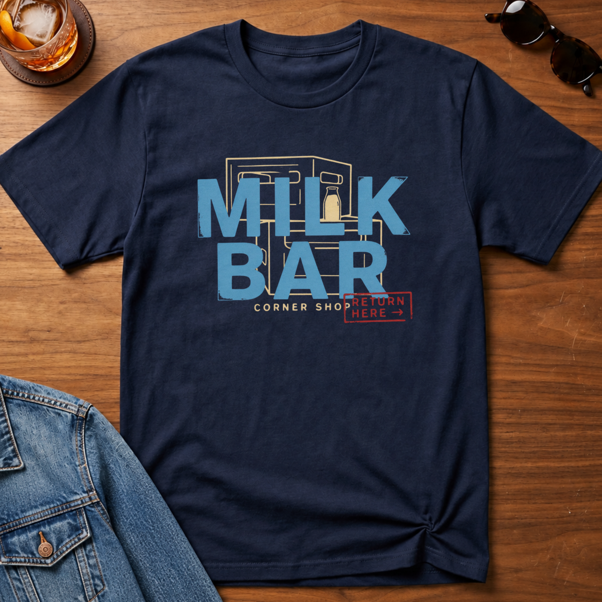Milk Bar T-Shirt — Navy B&T flat lay
