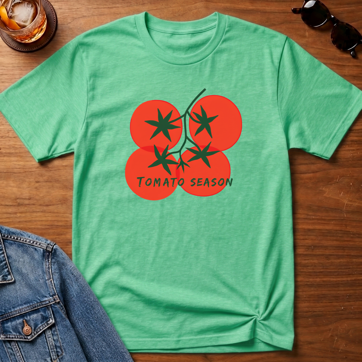 Tomato Season T-Shirt — Heather Irish Green B&T flat lay