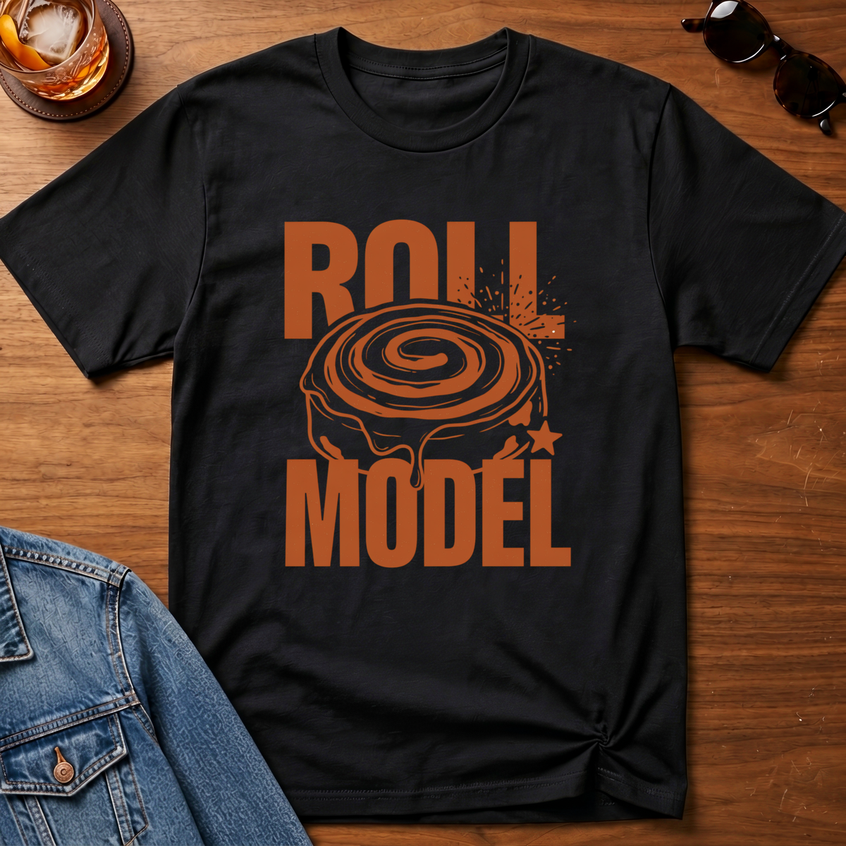 Roll Model T-Shirt — Black B&T flat lay