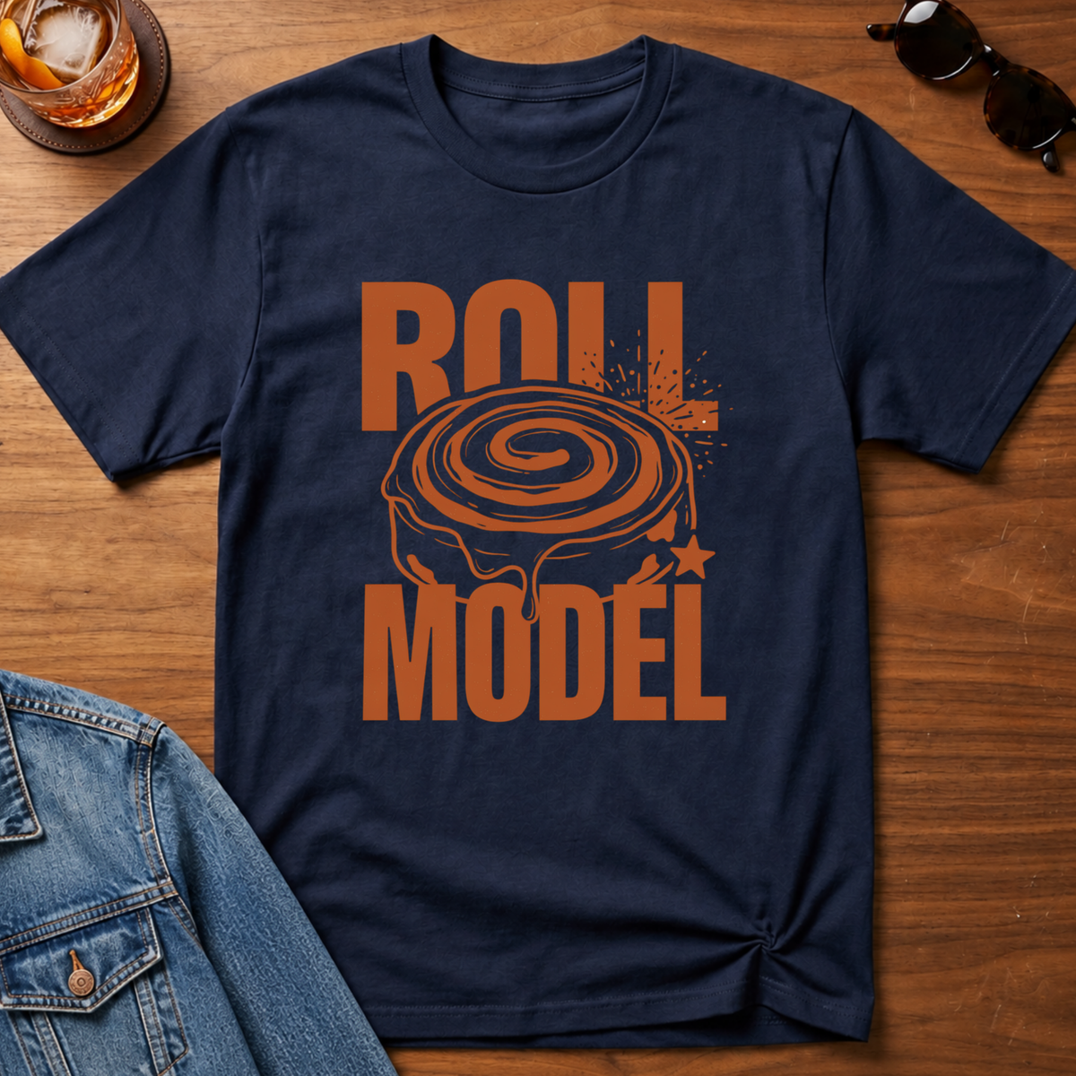 Roll Model T-Shirt — Navy B&T flat lay