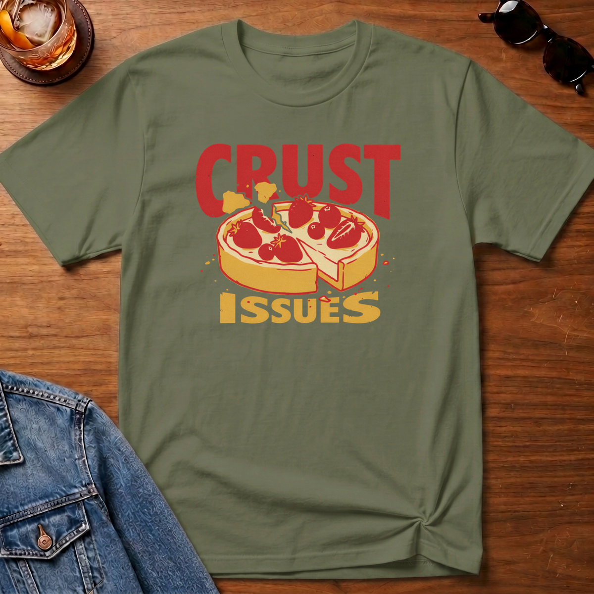Crust Issues T-Shirt — Military Green B&T flat lay