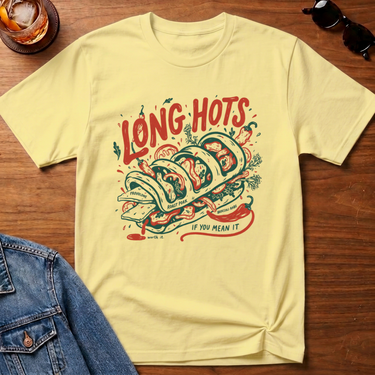 Philly Roast Pork T-Shirt — Cornsilk B&T flat lay