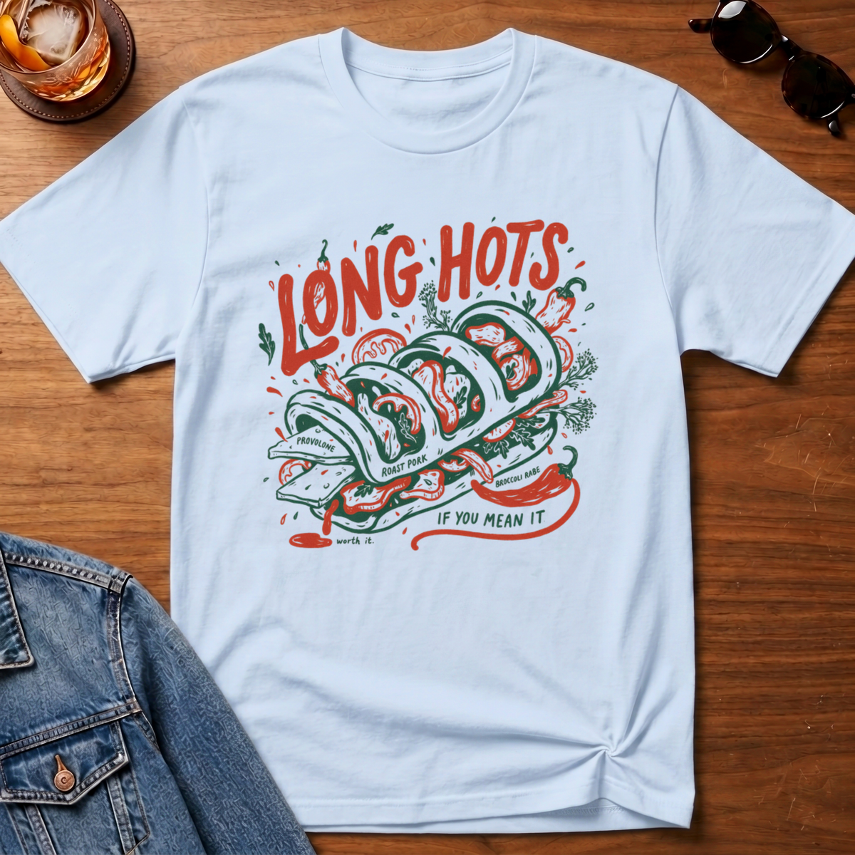 Philly Roast Pork T-Shirt — Light Blue B&T flat lay